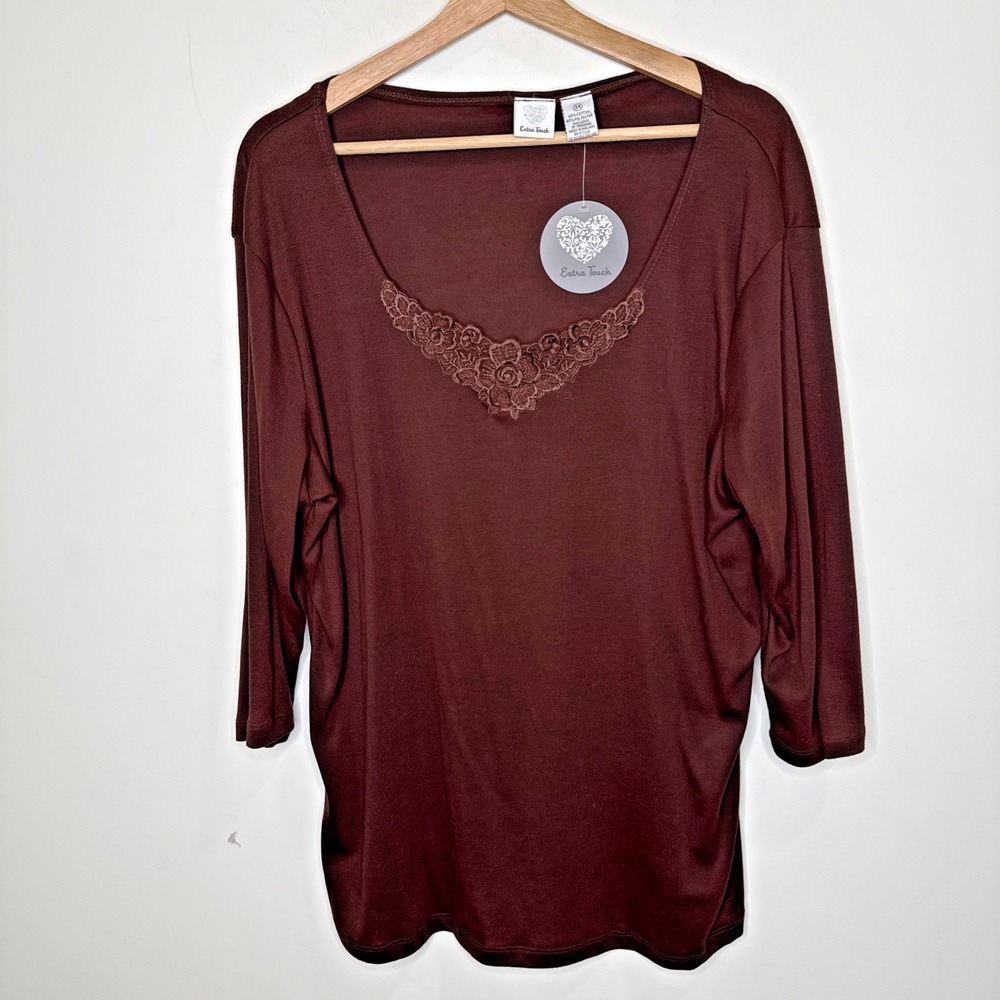 NEW Chocolate Brown Lace Detail 3/4 Sleeve Blouse Top Womens 3X Plus Size Scoop